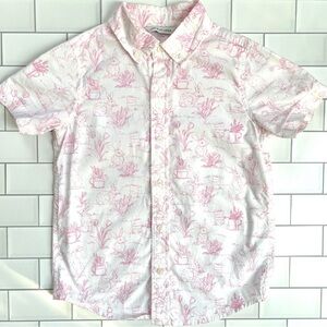 6🐇🩷 Janie & Jack Boys Pink Bunny Toile Poplin Button Down Short Sleeve Shirt